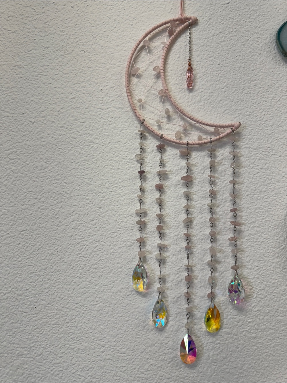 Pink Crescent Moon Crystal Wall Hanging - Boho Home Decor